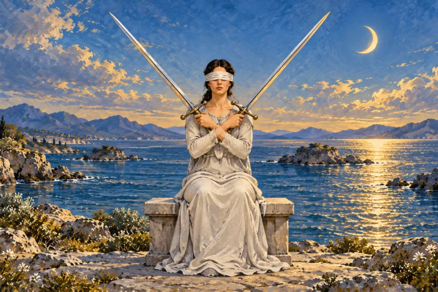 Mulher vendada de roupa clara sentada em banco, com braços cruzados e duas espadas erguidas, diante de mar rochoso e lua crescente à direita.