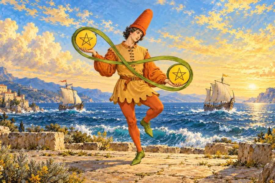 Figura com chapéu alto e um pé elevado segura dois pentáculos unidos por faixa verde em infinito, com dois navios sobre ondas ao fundo.