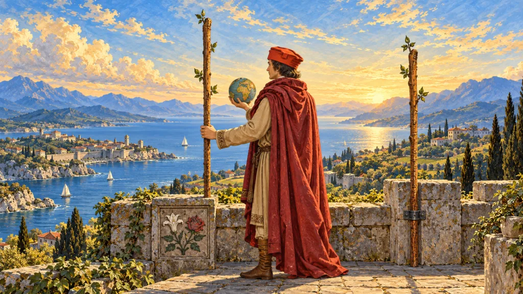 Adulto de manto vermelho num terraço segura um globo e um bastão; outro bastão está preso à mureta, diante de uma paisagem costeira.