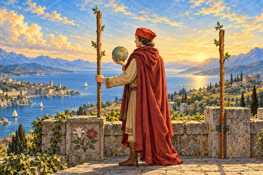 Adulto de manto vermelho num terraço segura um globo e um bastão; outro bastão está preso à mureta, diante de uma paisagem costeira.