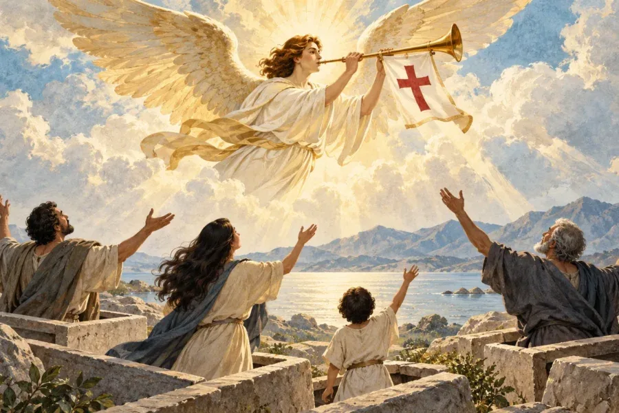 Ilustração editorial de O Julgamento: anjo toca uma trombeta com estandarte de cruz vermelha acima de pessoas que se erguem.