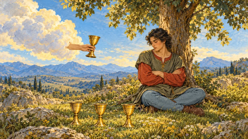 Pessoa de braços e pernas cruzados sob uma árvore, diante de três taças na grama e uma quarta oferecida por uma mão saindo de uma nuvem.