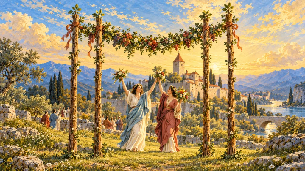 Duas mulheres celebram com flores entre quatro bastões de madeira ligados por uma guirlanda, diante de uma torre, ponte e pequenos grupos de pessoas.