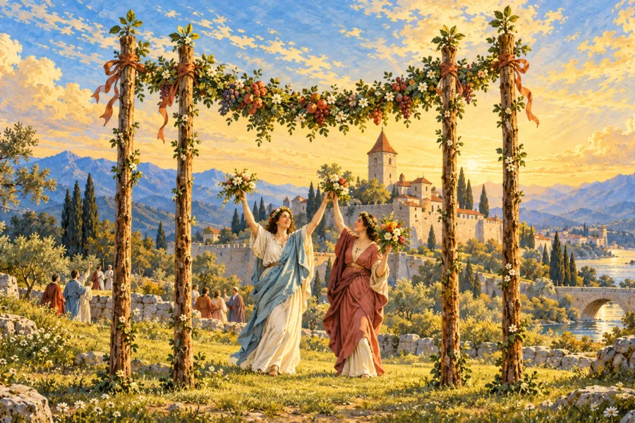 Duas mulheres celebram com flores entre quatro bastões de madeira ligados por uma guirlanda, diante de uma torre, ponte e pequenos grupos de pessoas.