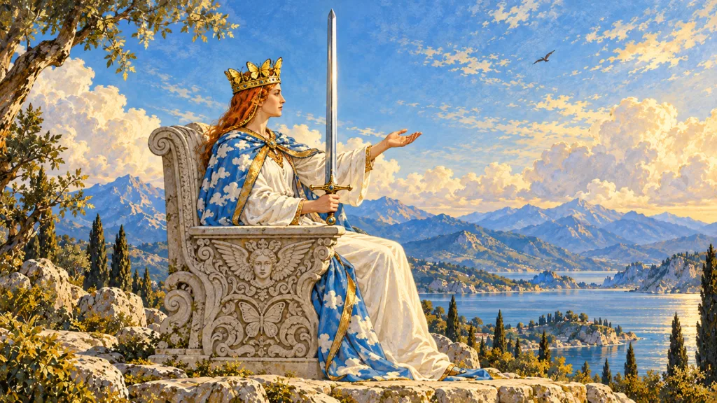 Rainha de perfil à direita segura uma espada vertical e estende a outra mão aberta, sentada em trono ornamentado sob céu azul.