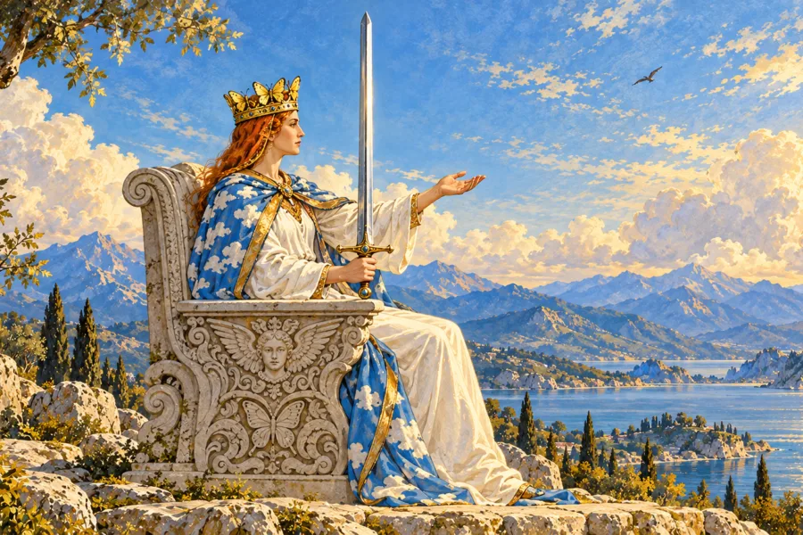 Rainha de perfil à direita segura uma espada vertical e estende a outra mão aberta, sentada em trono ornamentado sob céu azul.