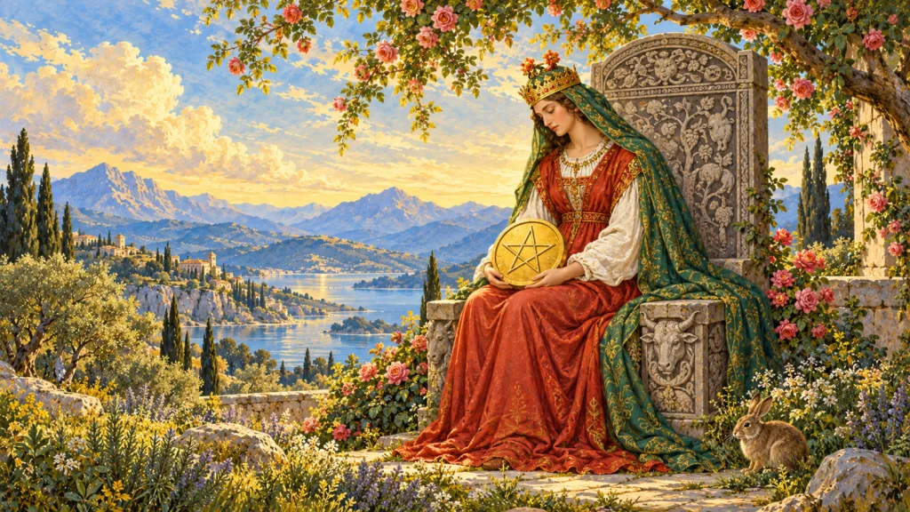 Rainha de vestido vermelho e véu verde segura um pentáculo no colo, sob rosas, com um coelho junto ao trono de pedra.