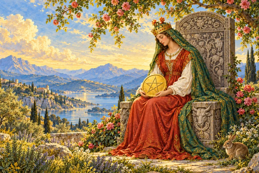 Rainha de vestido vermelho e véu verde segura um pentáculo no colo, sob rosas, com um coelho junto ao trono de pedra.