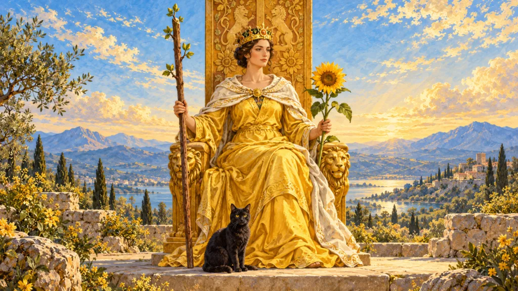 Rainha de manto dourado segura um bastão e um girassol em trono com leões, com um gato preto aos pés e rosto voltado à direita.