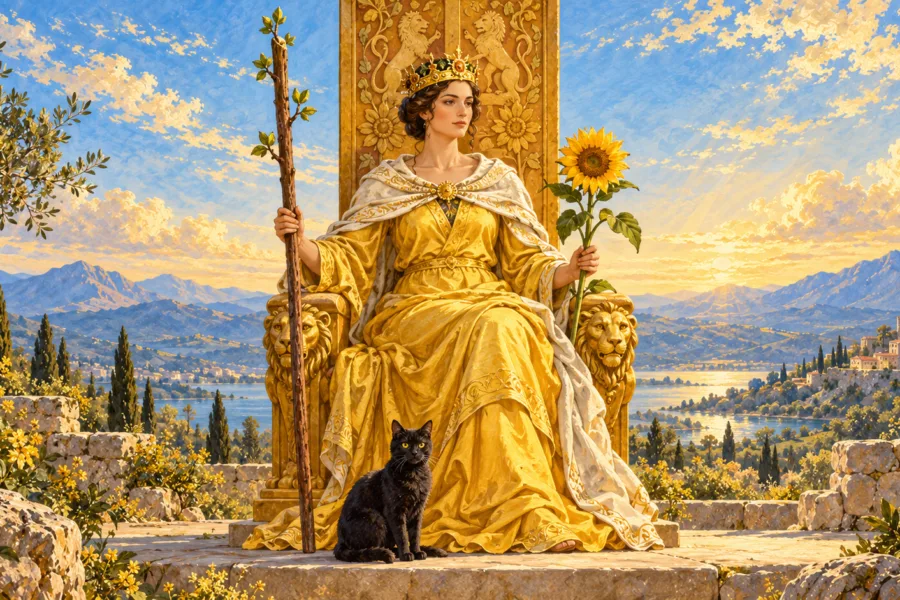 Rainha de manto dourado segura um bastão e um girassol em trono com leões, com um gato preto aos pés e rosto voltado à direita.