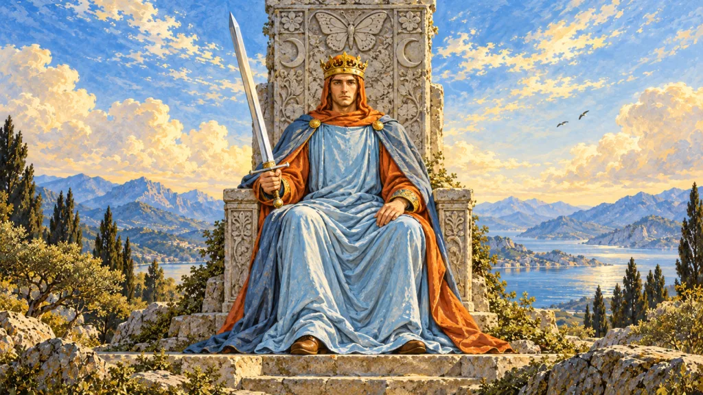 Rei coroado e vestido de azul está sentado de frente em trono com borboleta e crescentes, segurando uma única espada inclinada à esquerda.