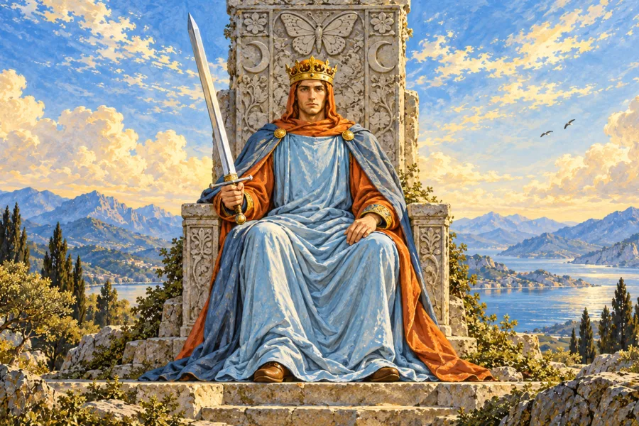 Rei coroado e vestido de azul está sentado de frente em trono com borboleta e crescentes, segurando uma única espada inclinada à esquerda.