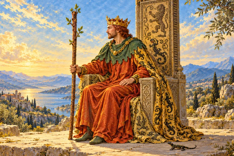 Rei de vestes vermelhas e manto verde está sentado de perfil à esquerda com um bastão, em trono ornamentado, com um pequeno lagarto no chão.