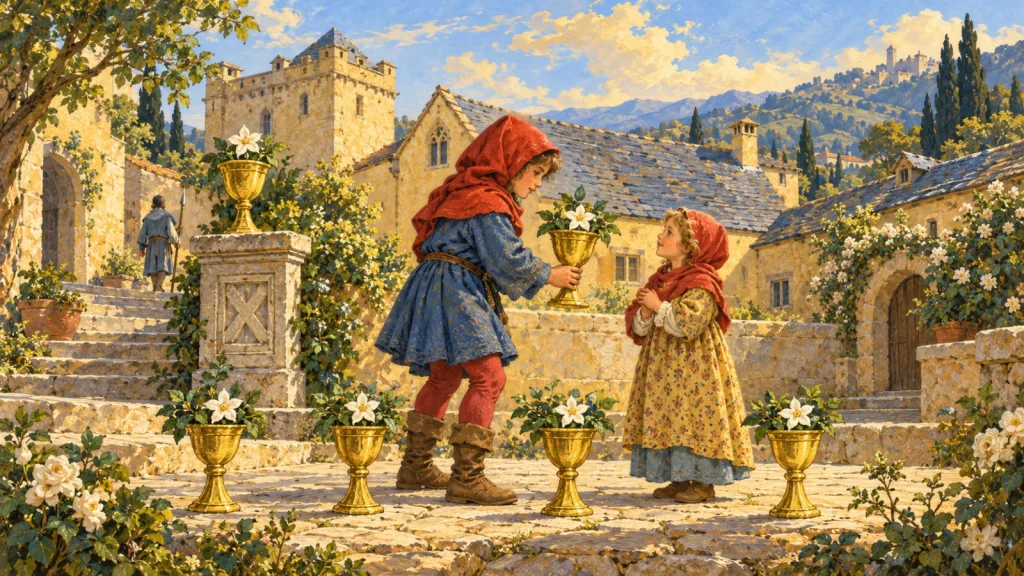 Duas crianças em um pátio de pedra, uma oferecendo uma taça florida à outra, com quatro taças no chão e uma sobre um pedestal.