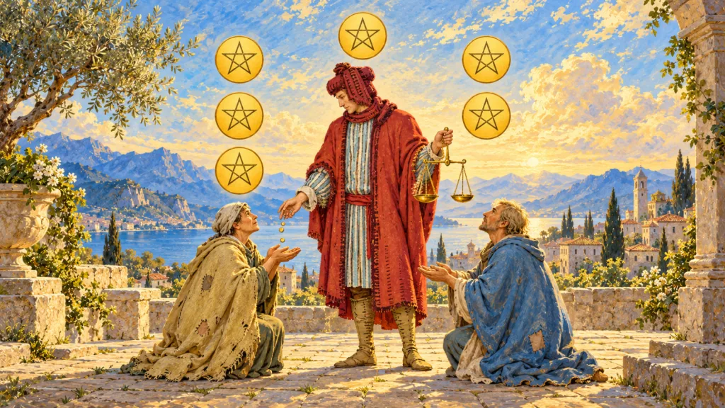 Figura de vermelho oferece pequenas moedas a duas pessoas ajoelhadas e segura uma balança, sob seis grandes pentáculos.