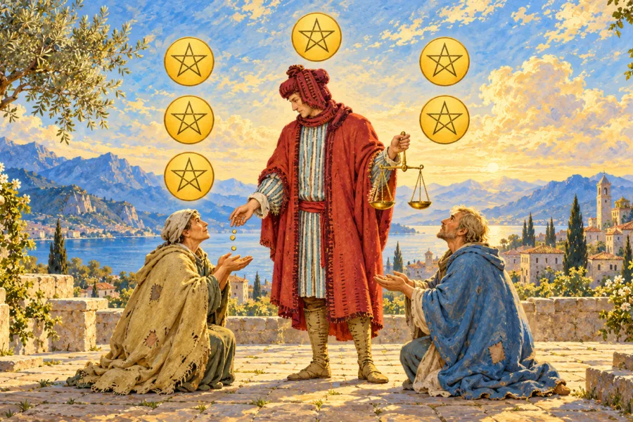 Figura de vermelho oferece pequenas moedas a duas pessoas ajoelhadas e segura uma balança, sob seis grandes pentáculos.