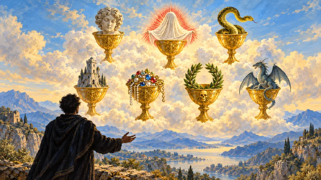 Figura de costas observa sete taças nas nuvens, com uma cabeça, figura velada, serpente, torre, joias, louros e dragão.