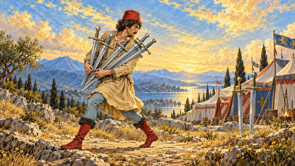 Figura de gorro e botas vermelhos caminha à esquerda olhando para trás, com cinco espadas nos braços e duas eretas diante de tendas.