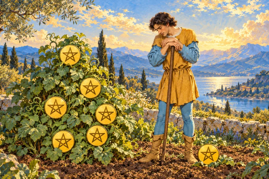 Figura à direita apoia as mãos em ferramenta de cabo longo diante de uma planta com seis pentáculos e um sétimo no chão.