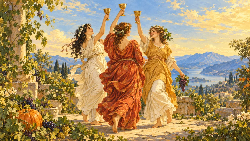 Três mulheres erguem três taças em um jardim, com uvas, frutos e uma abóbora ao redor.