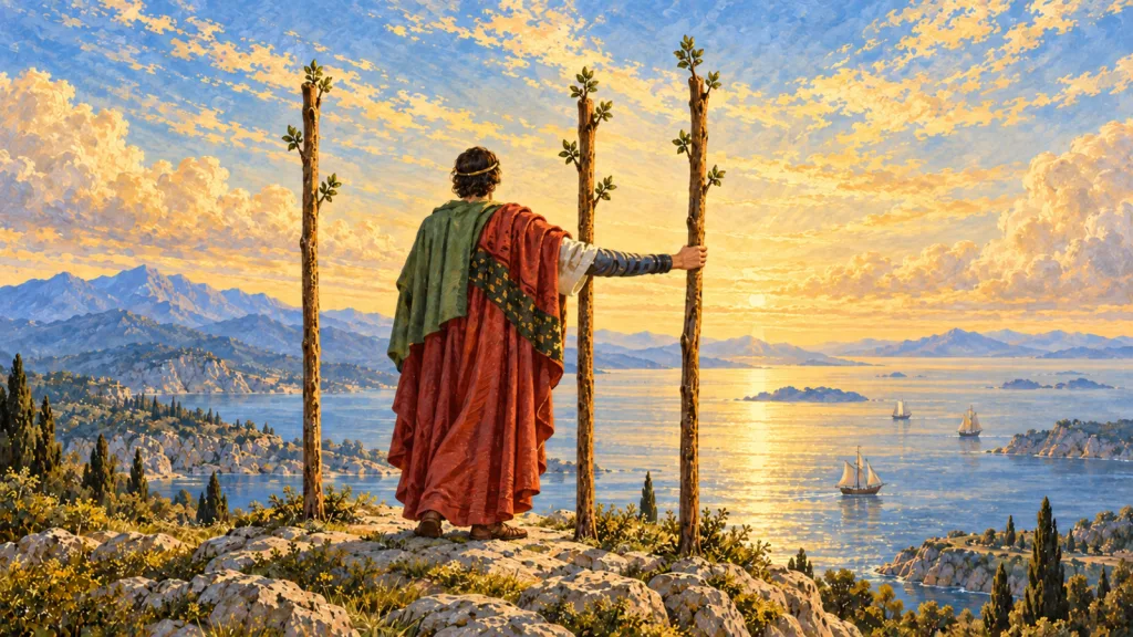 Figura de costas com manto vermelho e verde observa o mar entre três bastões, apoiando a mão no mais à direita.
