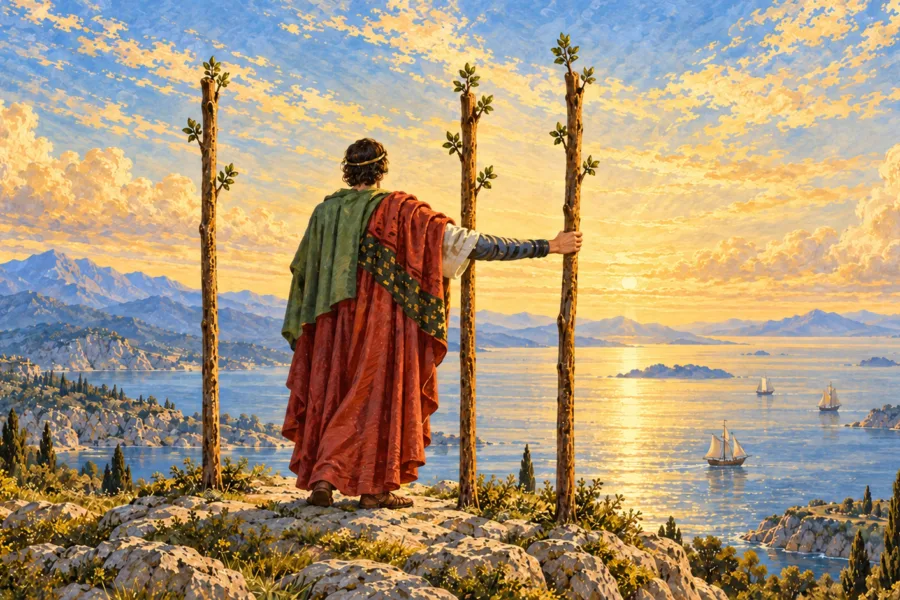 Figura de costas com manto vermelho e verde observa o mar entre três bastões, apoiando a mão no mais à direita.