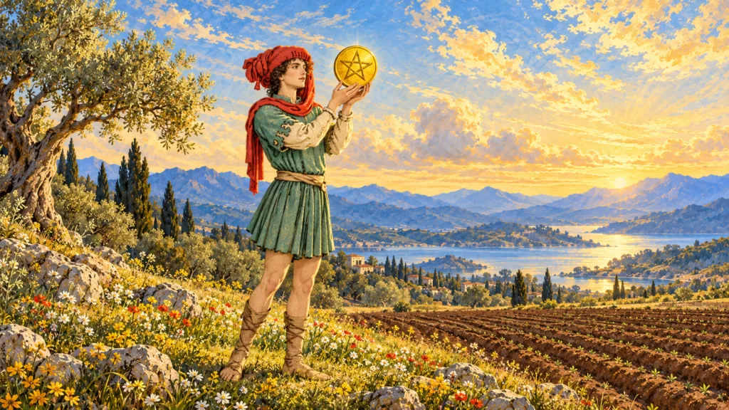 Jovem com túnica verde e chapéu vermelho contempla um único pentáculo entre as mãos, em campo florido com árvores e terra cultivada.