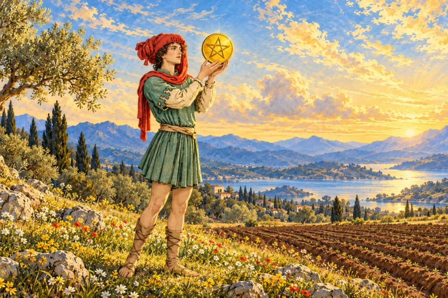 Jovem com túnica verde e chapéu vermelho contempla um único pentáculo entre as mãos, em campo florido com árvores e terra cultivada.