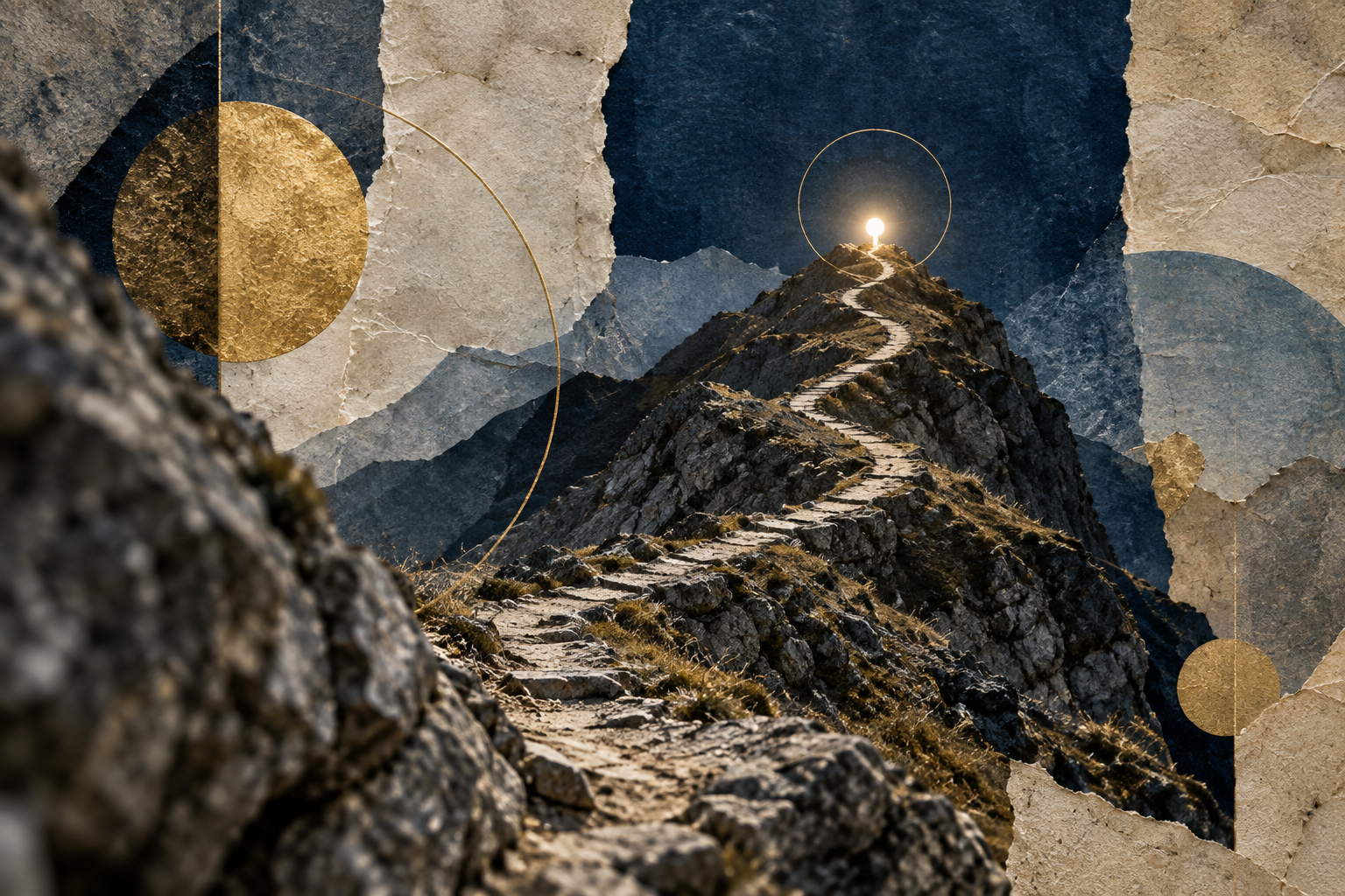 Trilha de pedra sobe por uma crista montanhosa até um pequeno foco de luz, em colagem de papéis rasgados e círculos dourados.
